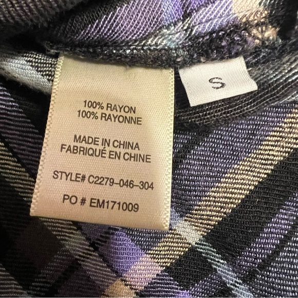 Anthropologie Cloth & Stone Plaid Fringe Hem Button Down Shirt Navy Purple Sz S - Picture 7 of 12